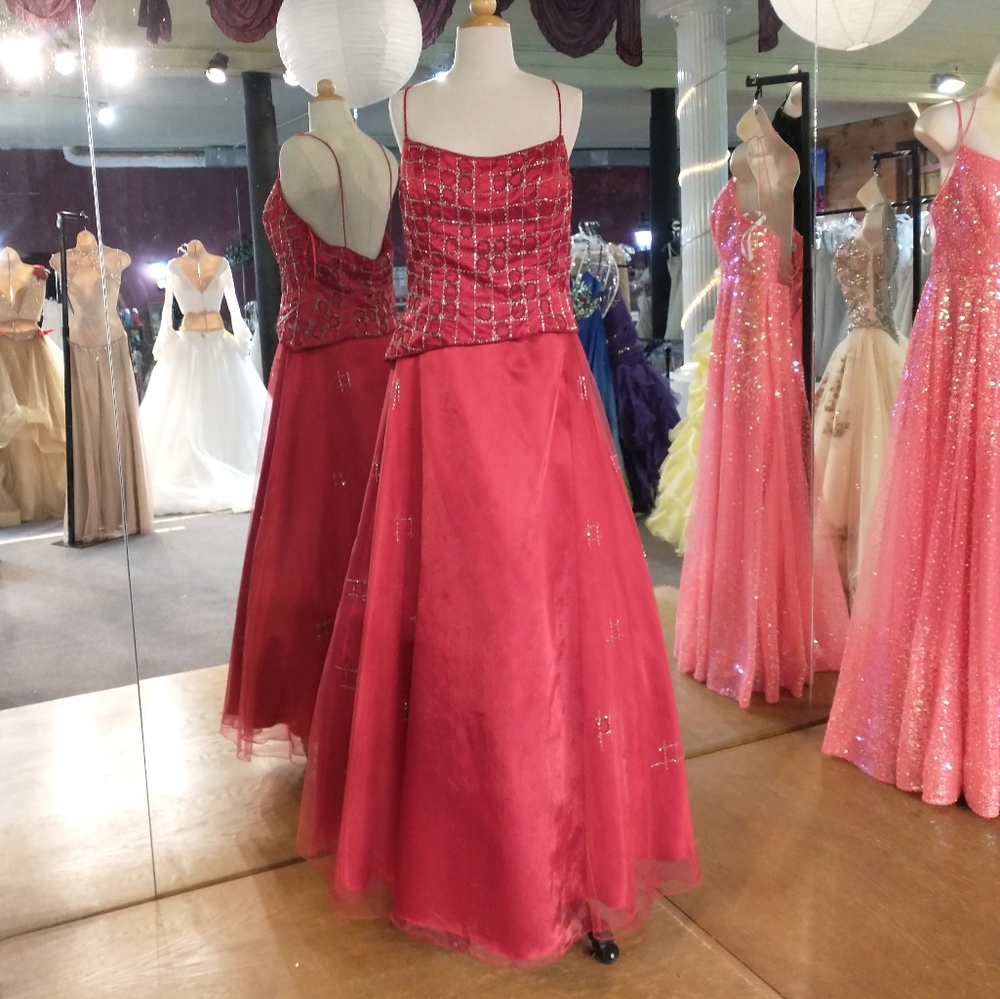 Precious Formals Beaded Rhinestoned Red Dress